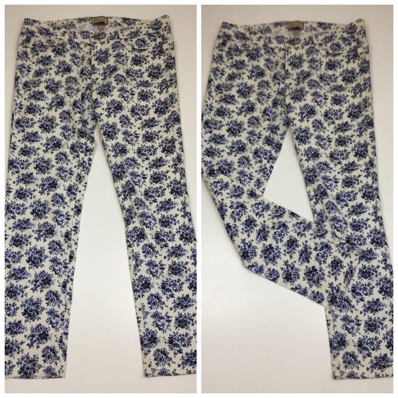 PAIGE Blue White Floral Print PEG 5 Pocket Logo Hardware Skinny Jeans - Picture 1 of 10